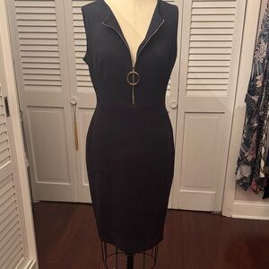 Calvin Klein faux suede navy sheath dress with gold front zipper Size M